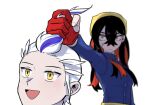  1boy 1girl black_hair blue_jacket blurry blurry_background buttons carmine_(pokemon) closed_mouth colored_inner_hair commentary_request crossed_bangs dda_sso drayton_(pokemon) eyelashes fingerless_gloves gloves grabbing_another&#039;s_hair hairband jacket korean_commentary long_hair multicolored_hair open_mouth pokemon pokemon_sv purple_hair red_gloves red_hair short_hair simple_background slit_pupils streaked_hair sweat two-tone_hair white_background white_hair yellow_eyes yellow_hairband 