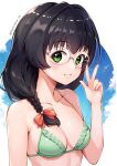  1girl bikini black_hair braid breasts daydreamer_pk glasses green_bikini green_eyes highres long_hair medium_breasts original smile solo swimsuit v 