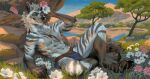 abs absurd_res anthro athletic athletic_anthro athletic_male biped blue_eyes canid canine canis claws clothed clothing day detailed_background ewademar flower grass hair hi_res lying male mammal navel on_back outside plant smile smiling_at_viewer solo toe_claws tree wolf