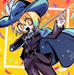  +_+ 1girl aqua_hair black_jacket black_pants black_suit blonde_hair blue_cape blue_headwear blue_necktie blush_stickers cape collared_shirt colored_tips commentary_request cowboy_shot don_quixote_(project_moon) hat hat_feather hatosabure highres holding holding_sword holding_weapon jacket limbus_company long_sleeves multicolored_hair necktie open_mouth orange_background oversized_clothes pants project_moon rapier sharp_teeth shirt solo sparkle star_(symbol) suit sword teeth two-tone_background weapon white_shirt yellow_background yellow_eyes 