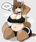  anthro armpit_tuft belly belly_overhang big_breasts bodily_fluids bottomwear breasts canid canine canis cleavage cleavage_overflow clothed clothing curvy_figure darkwolfhybrid dialogue female hi_res huge_breasts mammal navel nipple_outline nipples overweight overweight_anthro overweight_female pants shirt shorts slightly_chubby solo steam stretching sweat tank_top thick_thighs topwear voluptuous wide_hips wolf yuko_(darkwolf) 
