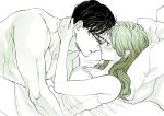  1boy 1girl absurdres bed blush eye_contact glasses hetero highres indoors long_hair looking_at_another lying monochrome muscular muscular_male on_back original pillow short_hair ueno_haruki 