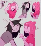  2girls ? absurdres adventure_time black_hair blush closed_mouth colored_skin fangs fangs_out grey_skin highres marceline_abadeer multiple_girls parted_lips pink_hair pink_skin pointy_ears princess_bonnibel_bubblegum steamylite sweatdrop yuri 