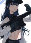  1girl bare_shoulders belt black_belt black_gloves black_headwear black_shirt blue_archive blue_eyes blue_hair blunt_bangs commentary_request crop_top gloves gun highres holding holding_gun holding_weapon long_hair looking_at_viewer midriff navel off_shoulder rifle saori_(blue_archive) shirt solo stomach tanac_mangi upper_body weapon 