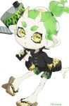  1girl a_a2001214 artist_name black_coat black_shorts blaster_(splatoon) cephalopod_eyes coat commentary_request full_body green_hair gun highres holding holding_gun holding_weapon horns looking_at_viewer octoling octoling_girl okobo open_mouth parted_lips ponytail print_coat print_shorts sandals short_hair shorts simple_background skin-covered_horns solo splatoon_(series) tentacle_hair thick_eyebrows toes twitter_username weapon white_background yellow_eyes 