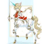  1girl animal_ears blonde_hair blue_background blue_eyes bow braid bright_pupils centaur closed_mouth colored_eyelashes colored_sclera doll_joints ear_piercing floating_hair full_body hair_between_eyes hair_bow hands_up highres holding holding_sword holding_weapon hooves horns horse_ears horse_tail joints long_hair looking_at_viewer low_ponytail monster_girl multicolored_background neck_ribbon original piercing red_bow ribbon sabuneko2645 single_horn smile solo sparkle sword tail taur twitter_username unicorn_girl walking weapon white_background wrist_cuffs yellow_ribbon yellow_sclera 