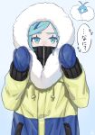  1boy alternate_costume blue_mittens commentary_request eyelashes green_eyes green_hair grusha_(pokemon) hands_up highres holding jacket long_sleeves looking_at_viewer male_focus min_(myna8247) mittens pokemon pokemon_(creature) pokemon_sv swablu tassel translation_request yellow_jacket zipper 