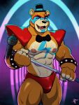  2021 abs animatronic anthro armband big_muscles bow_tie bulge clothed clothing ear_piercing ear_ring eyebrows facial_markings five_nights_at_freddy&#039;s five_nights_at_freddy&#039;s:_security_breach fur glamrock_freddy_(fnaf) hat head_markings headgear headwear hi_res holding_microphone holding_object machine male mammal markings microphone muscular muscular_anthro muscular_male narrowed_eyes nipples open_mouth pecs piercing quads robot scottgames shoulder_pads signature solo speedo spiked_armband spikes standing swimwear teeth thick_thighs tongue top_hat topless topless_anthro topless_male tuft ursid video_games wolfybuns 