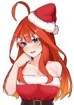  1girl absurdres ahoge amog bare_shoulders belt belt_buckle blue_eyes breasts brown_belt buckle christmas collarbone dress fur-trimmed_dress fur-trimmed_headwear fur_trim go-toubun_no_hanayome hair_between_eyes hair_ornament hand_on_own_cheek hand_on_own_face hand_up hat head_tilt highres large_breasts long_hair looking_at_viewer nakano_itsuki open_mouth red_dress red_hair santa_dress santa_hat smile solo star_(symbol) star_hair_ornament strapless strapless_dress upper_body white_background 