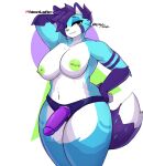 anthro big_breasts breasts canid canine dildo eight_(dont_jinxit) female fluffy fluffy_tail fox fur green_eyes green_nipples green_nose hair hand_behind_head hi_res mammal multicolored_body multicolored_fur nipple_piercing nipples piercing purple_hair remilust sex_toy shaded short_hair smug soft_shading solo strapon tail thick_thighs watermark