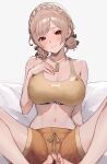  1girl absurdres bare_shoulders barefoot blush braid breasts brown_hair brown_sports_bra cartoon_bone cleavage closed_mouth collarbone crown_braid dog_tags furen_e_lustario furen_e_lustario_(5th_costume) grey_background hand_on_own_chest highres large_breasts looking_at_viewer midriff navel nijisanji official_alternate_costume official_alternate_hairstyle open_mouth orange_shorts parted_bangs red_eyes shorts simple_background smile solo sooon sports_bra toes very_low_bun virtual_youtuber wavy_mouth white_background 