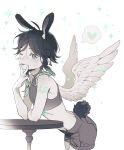  1boy androgynous angel_wings animal_ears arm_tattoo black_hair braid chest_tattoo crop_top extra_ears feathered_wings fridaynightcat genshin_impact green_eyes green_hair grey_background grey_shirt grey_shorts highres male_focus multicolored_hair one_eye_closed rabbit_boy rabbit_ears rabbit_tail shirt short_hair_with_long_locks shorts simple_background solo tail tattoo twin_braids venti_(genshin_impact) wings 