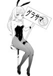  1girl animal_ears blunt_bangs bow breasts detached_collar english_commentary fake_animal_ears grand_summoners high_heels highres leotard liese_(grand_summoners) long_hair monochrome pantyhose playboy_bunny puppuppa rabbit_ears sign sitting solo strapless strapless_leotard wrist_cuffs 