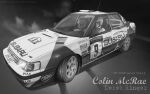  2boys car commentary_request dent greyscale jettoburikku monochrome motor_vehicle multiple_boys race_vehicle racecar racing rally_car subaru_(brand) subaru_legacy world_rally_championship 