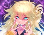  1girl abstract_background antenna_hair black_shirt blonde_hair blue_eyes blue_nails blush collarbone commentary_request double_v evil_smile fang furrowed_brow gradient_background hair_between_eyes heart highres jewelry kasukabe_tsumugi long_hair long_sleeves looking_at_viewer magatama magatama_necklace marutsubo messy_hair necklace one_side_up portrait purple_background sanpaku shirt signature skin_fang sleeves_past_wrists smile solo thick_eyelashes upturned_eyes v voicevox 