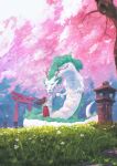  1girl absurdres brown_hair cherry_blossoms chinese_zodiac day dragon eastern_dragon flower grass highres japanese_clothes long_hair original outdoors saisho_(qpoujr) stone_lantern torii tree year_of_the_dragon 
