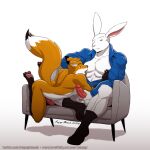 2019 anthro anupap balls bottomless canid canine clothed clothing duo erection fan_character fox genitals holding_penis humanoid_genitalia humanoid_penis lagomorph leporid licking male male/male mammal muscular muscular_anthro muscular_male nipple_fetish nipple_lick nipple_pinch nipple_play nipples nude penis pinch rabbit shirt tongue tongue_out topwear unbuttoned vein veiny_penis