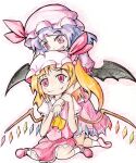  2girls ascot bat_wings black_wings blonde_hair bow buttons closed_mouth collared_shirt colored_pencil_(medium) fang fang_out flandre_scarlet frilled_shirt_collar frills full_body hat highres janas long_hair looking_at_another looking_at_viewer mary_janes medium_hair mob_cap multicolored_wings multiple_girls one_side_up open_mouth pink_headwear pink_skirt puffy_short_sleeves puffy_sleeves purple_hair red_bow red_eyes red_footwear red_skirt red_vest remilia_scarlet shikishi shirt shoes short_sleeves siblings simple_background sisters skirt sleeve_bow socks touhou traditional_media vest white_background white_headwear white_socks wings yellow_ascot 