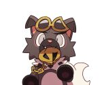  alternate_color animal_focus chain_necklace cosplay dog eyewear_on_head fangs grey_eyes grey_fur guzma_(pokemon) guzma_(pokemon)_(cosplay) jewelry necklace no_humans pawpads pokemon pokemon_(creature) rockruff simple_background snout ssalbulre sunglasses white_background yellow-framed_eyewear 