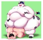 2020 absurd_res anthro areola big_butt big_moobs biped black_hair black_markings blue_highlights blush bovid bovine butt cattle digital_media_(artwork) duo eyes_closed fur hair hi_res highlights_(coloring) holstein_friesian_cattle hooves huge_belly huge_butt huge_thighs human human_on_anthro interspecies kindbunny20mx larger_anthro larger_male male male/male male_penetrating mammal markings mike_bluebottom_(cespar) moobs nipples nude open_mouth penetration sex simple_background size_difference smaller_human smaller_male standing standing_sex tail tail_tuft thick_calves thick_thighs tongue tongue_out tuft white_body white_fur wide_hips