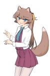  1girl absurdres animal_ears aqua_eyes aqua_necktie brown_hair collared_shirt cowboy_shot dress dress_shirt fox_ears fox_tail grey_pantyhose hair_ribbon highres kantai_collection kazagumo_(kancolle) kemonomimi_mode long_hair necktie pantyhose pleated_dress ponytail purple_dress ribbon school_uniform shirt simple_background solo tail tsuru_(thunder_tsuru) white_background white_shirt 