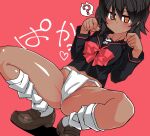  1girl ? absurdres ass black_hair blush breasts dark-skinned_female dark_skin dutch_angle fundoshi highres japanese_clothes kagari_rukako kneehighs loafers looking_at_viewer loose_socks orange_eyes original oteruko_(wanabeee) paw_pose school_uniform serafuku shoes short_hair socks solo spoken_question_mark spread_legs squatting sweatdrop white_socks 