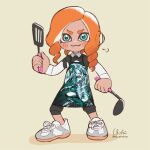  1girl :3 apron artist_name blue-eyes_white_dragon blue_eyes commentary_request drill_hair full_body holding holding_ladle holding_spatula ladle long_hair n2uohichan octoling octoling_girl orange_hair print_apron shoes simple_background solo spatula splatoon_(series) standing tentacle_hair thick_eyebrows twin_drills twitter_username v-shaped_eyebrows white_background white_footwear yu-gi-oh! 