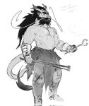 2_horns agamid anthro bearded_dragon biped chest_scar chinese_zodiac dragon eastern_dragon hair hi_res horn lizard long_hair male muscular muscular_anthro muscular_male pencilbrusch reptile scalie scar shirtless_anthro shirtless_male solo standing year_of_the_dragon