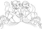 anthro blush bodily_fluids bound breasts cleavage clothed clothing daigaijin feathers feet female greyscale group hi_res lizard mammal markings midriff monochrome navel open_mouth procyonid raccoon reptile ring_(marking) ringtail scalie shirt tail tail_markings tank_top tears tickling tickling_feet topwear