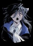  1girl absurdres animal_ears arknights ascot black_background black_hair brooch collared_shirt extra_ears fangs film_grain gertrude_strollo_(arknights) highres howling jewelry ling_s long_hair open_mouth portrait red_eyes shirt simple_background solo white_ascot white_shirt wolf_ears wolf_girl 