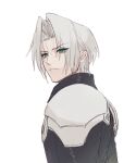  1boy aged_down ah_yoshimizu armor black_coat coat expressionless final_fantasy_vii_ever_crisis green_eyes grey_hair high_collar highres looking_back male_focus pauldrons sephiroth short_hair shoulder_armor simple_background slit_pupils solo upper_body white_background 
