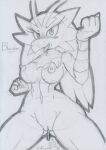  2021 anthro anthrofied avian big_breasts bird blaziken blush bodily_fluids breasts female fighting_pose genital_fluids genitals graphite_(artwork) looking_at_viewer lunaris_parukia navel nintendo nipples nude open_mouth open_smile pok&eacute;mon pok&eacute;mon_(species) pok&eacute;morph pose pussy pussy_juice smile solo traditional_media_(artwork) video_games 