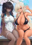  2girls ahoge alternate_costume arm_support asuna_(blue_archive) asymmetrical_bangs b-pang beach_umbrella bikini black_bikini black_hair blue_archive blush braid breasts cleavage collarbone commentary_request competition_swimsuit covered_navel curvy dark-skinned_female dark_skin feet_out_of_frame grin hair_over_one_eye halo hand_up highres huge_breasts karin_(blue_archive) knees_together_feet_apart light_brown_hair long_bangs long_hair looking_at_viewer mole mole_on_breast multiple_girls navel one-piece_swimsuit outdoors sideboob sitting skindentation smile stomach swimsuit tan thigh_strap two-tone_one-piece_swimsuit umbrella very_long_hair 