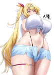  1girl blonde_hair breasts commentary_request curvy daihuku12130 highleg highleg_panties highres hoshikawa_sara hoshikawa_sara_(1st_costume) huge_breasts large_breasts long_hair looking_at_viewer looking_down navel nijisanji panties short_shorts shorts side_ponytail solo tank_top thick_thighs thigh_strap thighs underwear virtual_youtuber white_background white_tank_top yellow_eyes 