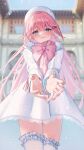  1girl blue_eyes blurry blurry_background blush frilled_thighhighs frills highres khr_39 long_hair looking_at_viewer original pink_hair pink_scarf reaching reaching_towards_viewer scarf solo thighhighs white_thighhighs 