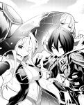  1boy alma_(grand_summoners) breasts cleavage grand_summoners grohl_(grand_summoners) hair_between_eyes highres lapleh_(grand_summoners) large_breasts long_hair monochrome multiple_girls navel puppuppa smile v 