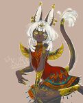  1girl :&lt; animal_ear_fluff animal_ears armlet blue_gemstone body_fur bracelet bracer brown_background brown_fur cat_ears cat_girl cat_tail circlet claw_ring claws cleavage_cutout closed_mouth clothing_cutout dress ear_piercing ear_tufts earrings egyptian fake_wings fangs fur-tipped_tail furry furry_female gem grey_eyes highres hoop_earrings jewelry looking_at_viewer multiple_rings neck_ring original piercing red_dress ring sabuneko2645 short_hair_with_long_locks simple_background sleeveless slit_pupils solo standing standing_on_one_leg tail tail_ornament tail_ring twitter_username whiskers white_hair wings yellow_eyes 
