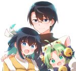  16bit_sensation 1boy 2girls :o absurdres ahoge akisato_konoha animal_ears animal_hands bell black_hair blue_eyes colored_inner_hair dejiko di_gi_charat fang glasses green_hair hair_bell hair_ornament highres jingle_bell medium_hair multicolored_hair multiple_girls neck_bell nyaa_(nnekoron) rokuta_mamoru upper_body white_background 