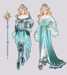  1girl armor blonde_hair commentary crown dress earrings english_commentary full_body green_eyes grey_background hair_over_one_eye hand_on_own_hip hannahartwork highres jewelry light_blue_dress long_dress long_hair long_sleeves looking_to_the_side mario_(series) multiple_views off-shoulder_dress off_shoulder pink_lips rosalina simple_background stick super_mario_galaxy 