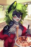 anthro blush canid canine eating female food fox green_eyes green_hair hair long_hair looking_at_viewer mammal noodles nova_(hikarikurisu) onedayt ramen solo