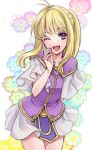  1girl ;d ahoge arms_behind_back blonde_hair clarine_(fire_emblem) collarbone cowboy_shot fire_emblem fire_emblem:_the_binding_blade floral_background long_hair looking_at_viewer miniskirt one_eye_closed open_mouth ponytail purple_eyes sidelocks skirt smile solo umehime white_background white_skirt 