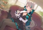  1girl animal_ears black_cat black_dress blonde_hair blue_hair cat cat_ears cat_girl cat_tail closed_mouth cup dress expressionless facial_mark genshin_impact highres holding holding_cup long_hair low_ponytail lynette_(genshin_impact) multicolored_hair poki_(j0ch3fvj6nd) sitting solo star_(symbol) star_facial_mark star_on_cheek tail teacup white_sleeves 
