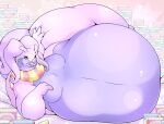 2023 ambiguous_gender anthro belly big_belly dessert eating food generation_6_pokemon goodra green_eyes hand_on_hip hi_res huge_belly ice_cream leonkatlovre licking licking_lips looking_at_viewer lying morbidly_obese morbidly_obese_ambiguous morbidly_obese_anthro mostly_nude nintendo obese obese_ambiguous obese_anthro on_side overweight overweight_ambiguous overweight_anthro pokemon pokemon_(species) scarf scarf_only solo tail tongue tongue_out