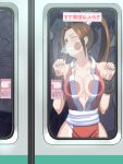 1girl against_door against_glass arm_guards arms_up bare_shoulders breast_press breasts breasts_on_glass breath brown_hair check_commentary cheek_press cleavage clenched_teeth collarbone commentary commentary_request cramped crowded door dripping fatal_fury fingernails glass hayato_rock high_ponytail highres japanese_clothes large_breasts long_hair multiple_others ninja palms parted_lips pelvic_curtain ponytail revealing_clothes sash shiranui_mai sidelocks sign sleeveless sliding_doors solo_focus steam sweat teeth the_king_of_fighters train train_interior translation_request turning_head wet window yellow_eyes 