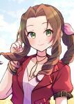  1girl aerith_gainsborough braid braided_ponytail brown_hair choker closed_mouth dress final_fantasy final_fantasy_vii final_fantasy_vii_remake flower_choker green_eyes hair_ribbon hand_in_own_hair jacket light_blush long_hair looking_at_viewer nuho_ho outdoors parted_bangs pink_dress pink_ribbon red_jacket ribbon short_sleeves sidelocks single_braid solo upper_body wavy_hair 