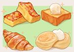  border bread bread_slice croissant food food_focus french_toast green_background kaneko_ryou no_humans original pastry sparkle still_life toast white_border 