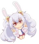  1girl animal_ears azur_lane bare_shoulders blush camisole chibi closed_mouth daigorou_(42036928) double_v fake_animal_ears full_body fur-trimmed_jacket fur-trimmed_sleeves fur_trim grey_hair hair_between_eyes hands_up jacket laffey_(azur_lane) long_hair looking_at_viewer off_shoulder open_clothes open_jacket pink_jacket pleated_skirt rabbit_ears red_eyes red_skirt simple_background skirt solo strap_slip twintails v very_long_hair white_background white_camisole 