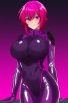  1girl absurdres batta_16-sei blush bodysuit breasts cleavage corruption dark_persona highres hypnosis impossible_bodysuit impossible_clothes large_breasts looking_at_viewer mind_control multicolored_bodysuit multicolored_clothes original pilot_suit skin_tight solo two-tone_bodysuit 