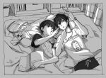  2boys bag_of_chips blanket book bookshelf border brothers cable cellphone chopsticks clothes_writing cowboy_shot curtains drawstring earphones eokonuzu food food_in_mouth greyscale hand_up holding holding_phone indoors kageyama_ritsu kageyama_shigeo long_sleeves looking_at_phone lying male_focus mob_psycho_100 monochrome mouth_hold multiple_boys on_back open_book parted_lips phone pillow pocky pointing print_shirt shared_earphones shirt short_hair siblings side-by-side t-shirt tatami towel under_covers watch wristwatch 