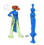 amphibian bottomless bottomless_female bound clothed clothing encasement female frog glistening glistening_clothing green_body hair hi_res latex latex_clothing orange_hair serth skimpy solo tight_clothing trapped westerly_(serth)